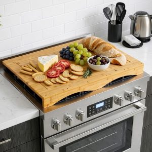 Bamboo Cutting Board Stove Cover with Juice Groove 75x54x7.5cm Reversible Serving TrayWooden Noodle Board Stovetop Kitchen Sink Cover for Extra Counter Space, Raised Hob Protector for Cooled Stove